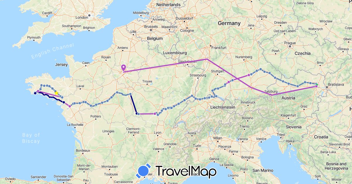 TravelMap itinerary: driving, bus, cycling, train in Austria, Switzerland, Germany, France (Europe)